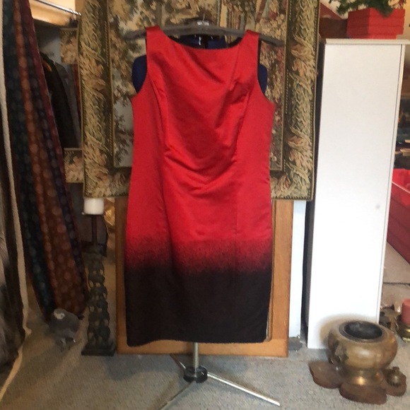 St. John red satin black wool accents midi dress and overcoat EUC size 8 - Picture 2 of 12